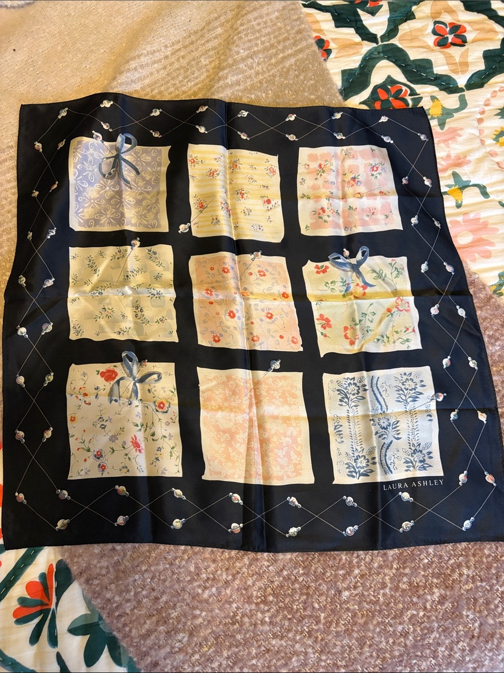 Laura Ashley Black Patchwork Floral Silk Scarf with Pastel Panels